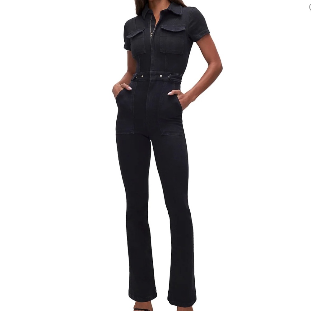Black Short-Sleeve Zip Front Jumpsuit for Women